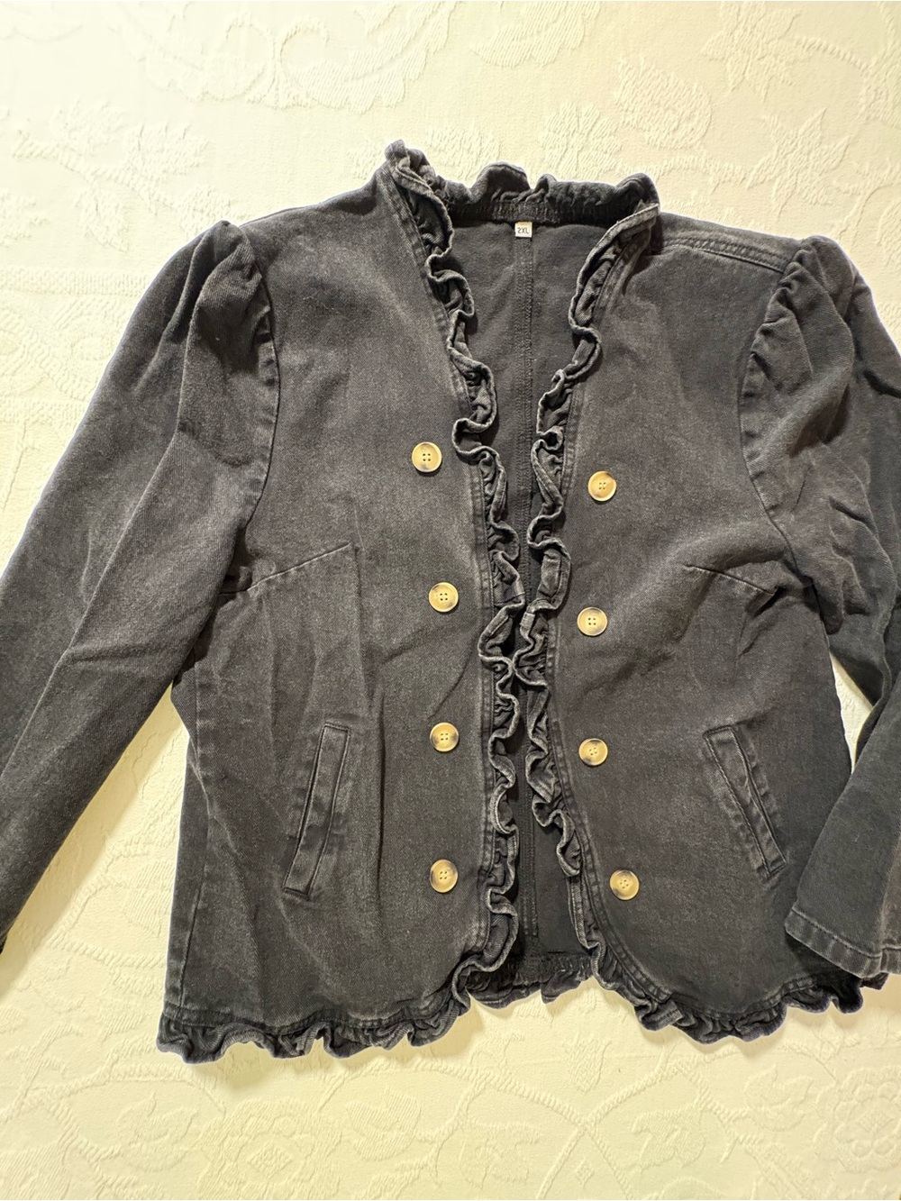 Womens Ruffle Front Button Jacket - Black